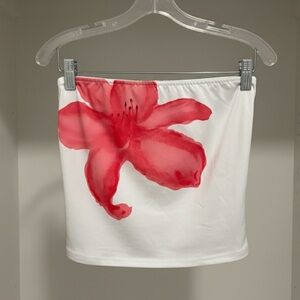 White Red Floral Tube Top Strapless Y2K Size M
